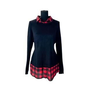 Adrianna Papell Red Black Buffalo Plaid Layered Tunic Sweater Women's M